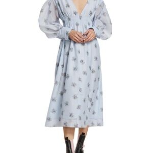 GANNI Smocked Blue Long Puff Sleeve Floral V-Neck Midi Dress
